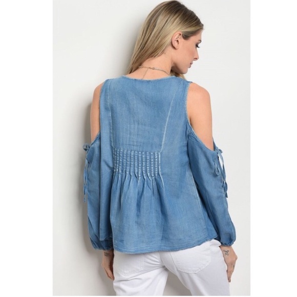 Cold Shoulder Denim Tassel Top - Picture 2 of 8